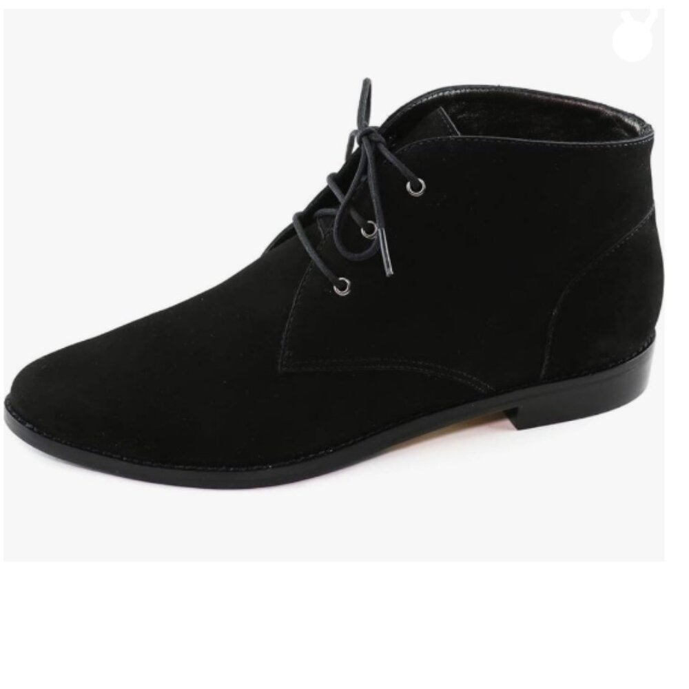 YDN Black Low Heel Pointy Toe Lace Up Chukka Ankle Boots Flats Fall Winter Boot